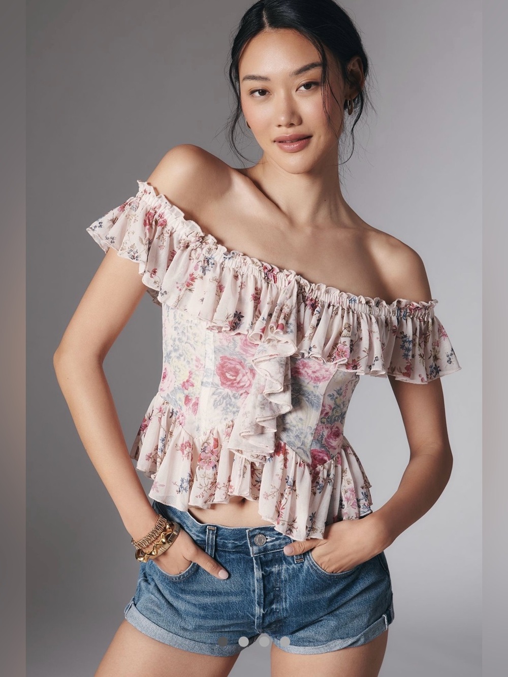 Anthropologie Floral Off-Shoulder Ruffle Crop Top - Pink & Cream